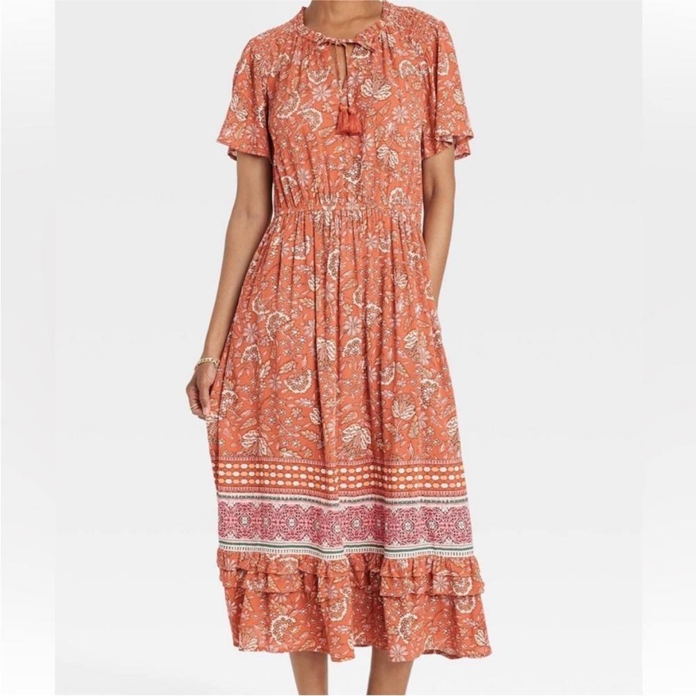 Women's Flutter Short Sleeve Smocked
Dress Knox Rose™ Light Brown Floral XL